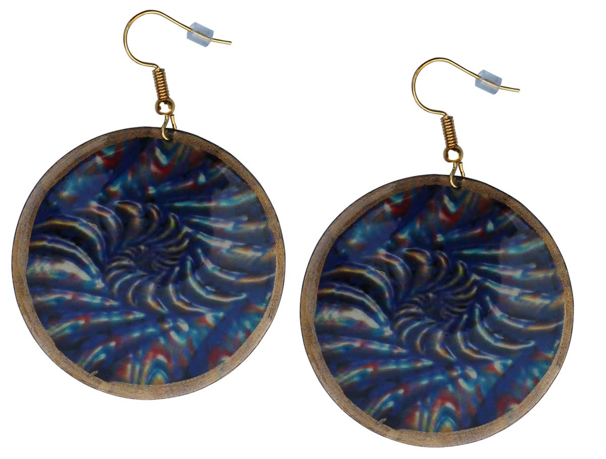 2.5” Round Brass Hook Earrings with Blue Abstract Pattern - Drop Earrings / Accessories for Her - Buy in Bulk Wholesale